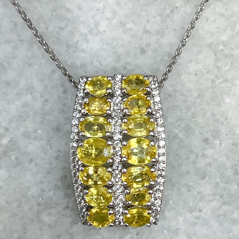 Madagascar Yellow Sapphire White Zircon Sterling Silver Pendant 20” Necklace - Picture 7 of 12